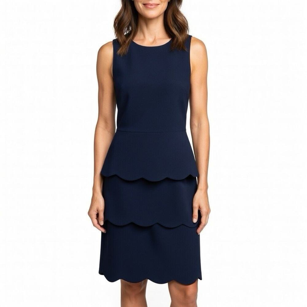 J. McLaughlin Navy Blue Sleeveless Sheath Dress w/ Tiered Scallop Skirt sz 6